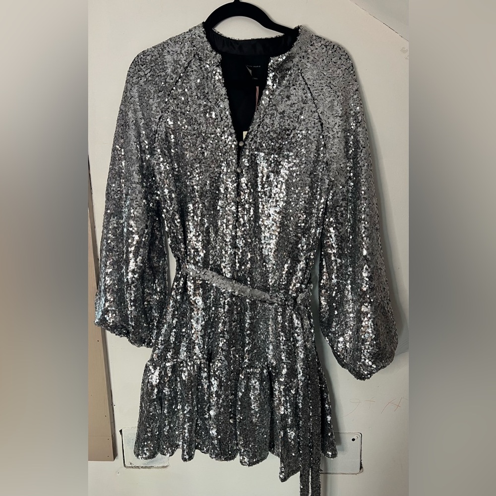 Alex Marie Shimmering Silver Sequin V Neck Long Sleeve Mini Dress Size 4 NWT